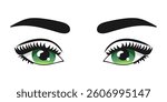 Beautiful green woman eyes with curled lashes and eyebrows isolated on white background. Vector illustration