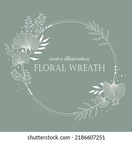 Beautiful green wreath. Elegant floral illustration with white leaves, hand drawn. Design for invitation, wedding or greeting cards.