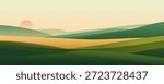 Beautiful green and yellow meadows, fields, hills, and natural landscapes at sunset or sunrise. Landscape of hills and meadows at sunset. Vector nature landscape illustration for background.