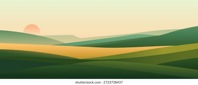 Hermosos prados verdes y amarillos, campos, colinas y paisajes naturales al atardecer o al amanecer. Paisaje de colinas y prados al atardecer. Vector naturaleza paisaje ilustración para el fondo.