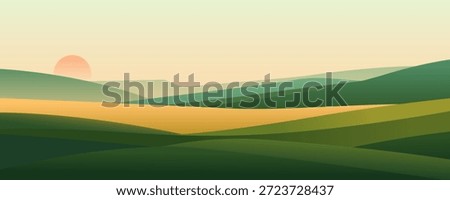 Beautiful green and yellow meadows, fields, hills, and natural landscapes at sunset or sunrise. Landscape of hills and meadows at sunset. Vector nature landscape illustration for background.