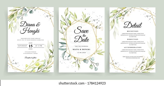 Beautiful greenery with geometric frame on wedding invitation card template