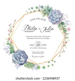 Beautiful greenery wedding invitation card on white background. Vector.Succulent, Wax flower, sillver dollar plant.