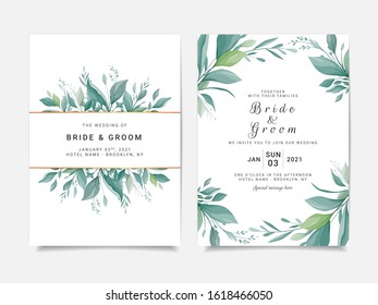 Beautiful greenery wedding invitation card template design with elegant leaves frame. Floral greenery illustration decoration for event, cover, poster