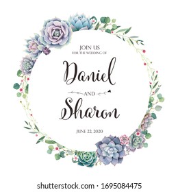 Hermosa carta de invitación de boda verde sobre fondo blanco. Vector. Suculento, Flor de cera, planta de dólares de Sillver.