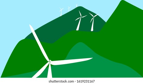 Beautiful greenery, windmills and hilly landscape of Alps