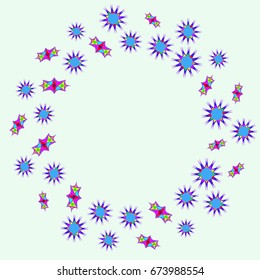 Beautiful greeting card with abstract flowers and elements. Items arranged radially on light blue background. Template for writing.