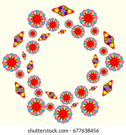 Beautiful greeting card with abstract flowers and elements. Items arranged radially on pale yellow background. Template for writing.