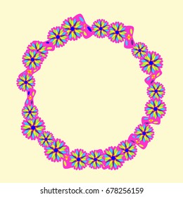 Beautiful greeting card with abstract flowers and elements. Items arranged radially on light yellow background. Template for writing.