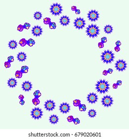 Beautiful greeting card with abstract flowers and elements. Items arranged radially on light blue background. Template for writing.