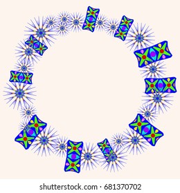 Beautiful greeting card with abstract flowers and elements. Items arranged radially on light pink background. Template for writing.