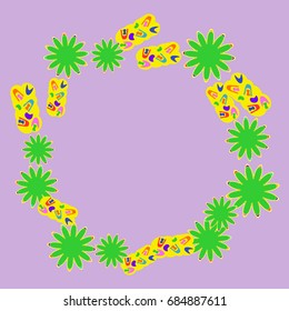 Beautiful greeting card with abstract flowers and elements. Items arranged radially on light violet background. Template for writing.