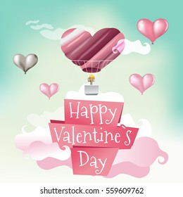 Beautiful greeting card with balloon heart and text Happy Valentine`s Day on pastel sky. Vector illustration.