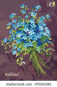 Beautiful greeting card with blue forget-me-not flowers. Romantic vintage illustration, eps8. Vector invitation design in retro style
