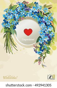 Beautiful greeting card with blue forget-me-not flowers. Romantic vintage illustration, eps8