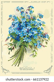 Beautiful greeting card with blue forget-me-not flowers. Romantic vintage illustration. Vector invitation design in retro style