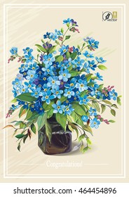 Beautiful Greeting card with bouquet forget-me-flower in a vase of glass, eps8. Vector invitation design in retro style