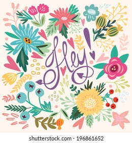 Beautiful greeting card. Bright illustration, can be used as creating card,invitation card for wedding,birthday and other holiday and cute summer background.