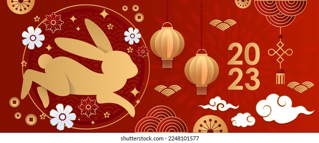 Beautiful greeting card for Chinese New Year 2023 with bunny 