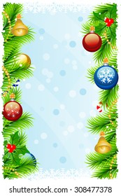 Beautiful greeting card with Christmas-tree decorations, candy, fir-tree, bubbles and mistletoe for your. For greeting card, banner, invitation