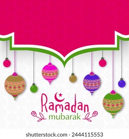 Beautiful greeting card with colorful hanging traditional lanterns and lights on seamless floral design decorated background for Islamic holy month, Ramadan Mubarak celebration.