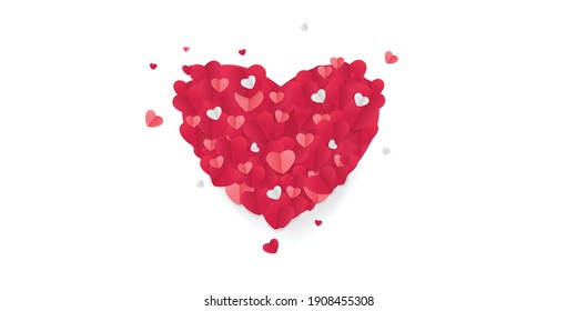 Beautiful greeting card concept with pink and red heart abstract shapes. Love background for presentation design. Paper cut decorations for Valentine's day or Mother's day