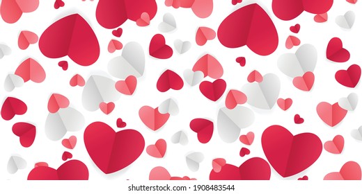 Beautiful greeting card concept with pink and red heart abstract shapes. Love background for presentation design. Paper cut decorations for Valentine's day or Mother's day