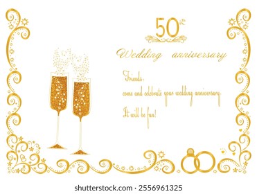 Beautiful greeting card for congratulations on the fiftieth wedding anniversary. Text. Decorative golden glasses with champagne. Digital vector 