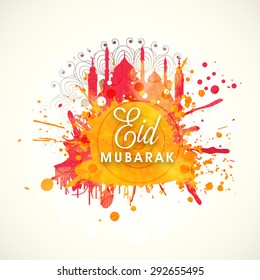 Beautiful greeting card with creative mosque made by colorful splash on floral design decorated background for famous festival of Muslim community, Eid Mubarak celebration. 