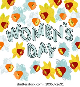 beautiful greeting card with daffodils painted on a computer on a white background. 8 march, womens day in isometric 3d