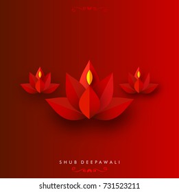 A beautiful greeting card with decorated diya of indian festival celebration background Happy diwali on red background