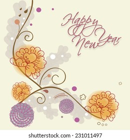 Beautiful greeting card decorated with floral design for Happy New Year celebrations.
