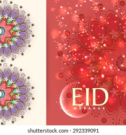 Beautiful greeting card decorated with shiny colorful floral design and crescent moon for Muslim community festival, Eid Mubarak celebration. 
