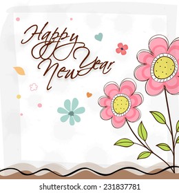 Beautiful greeting card decorated with stylish text and flowers for Happy New Year celebrations.