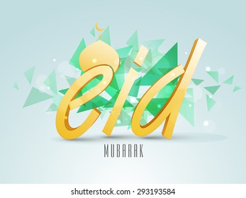 Beautiful greeting card design with 3D golden text Eid and mosque on abstract background for Islamic famous festival, celebration.