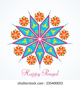 Beautiful greeting card design with colorful rangoli for South Indian harvesting festival, Happy Pongal celebrations. 