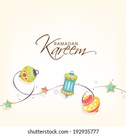 Beautiful greeting card design with colourful different styles lanterns or lamps with stars for holy month of muslim community Ramadan Kareem.