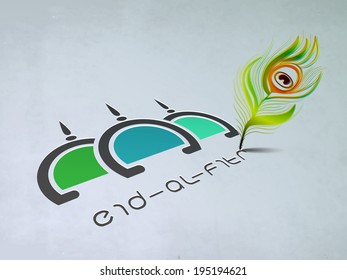 Beautiful greeting card design with colourful mosque and stylish text Eid-Al-Fitr written by peacock feather pen on blue background. 