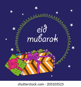 Beautiful greeting card design with colourful gift boxes on blue background for the occasion of Muslim community festival Eid Mubarak celebrations. 