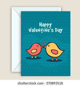 Beautiful greeting card design with cute couple of love birds for Happy Valentine's Day celebration.