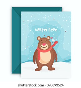 Beautiful greeting card design with cute smiling bear for Love Season celebration.