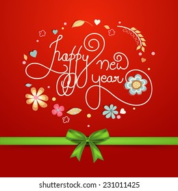 Beautiful greeting card design decorated with stylish text and green ribbon on flower decorated red background.
