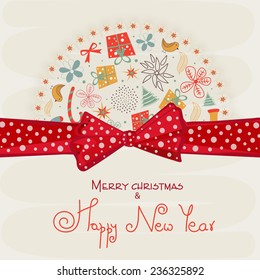 Bonito design cartão de saudação decorado com X-mas ornamentos e fita vermelha para comemorações Feliz Natal e Feliz Ano Novo.