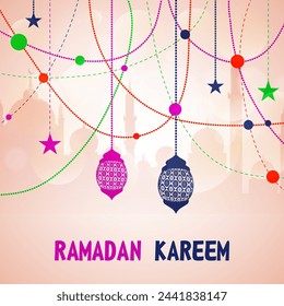 Beautiful greeting card design decorated with floral lanterns and stars on mosque silhouetted background for Islamic holy month of prayers, Ramadan Kareem celebration.