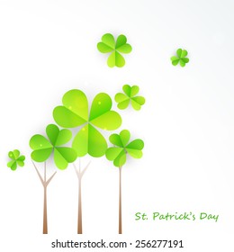 Beautiful greeting card design decorated with Irish lucky shamrock leaves for Happy St. Patrick's Day celebration.
