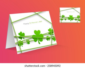 Beautiful greeting card design decorated with Irish lucky shamrock leaf for Happy St. Patrick's Day celebration.