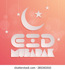 Beautiful greeting card design decorated with crescent moon, hanging stars and stylish text Eid Mubarak on shiny background for Muslim community festival celebration. 