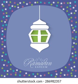 Beautiful greeting card design decorated with creative hanging lantern and colorful stars for Islamic holy month of prayers, Ramadan Kareem celebration.