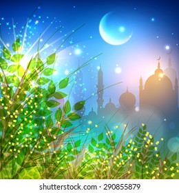 Beautiful greeting card design decorated with green leaves and mosque in shiny moon light night background for Muslim community festival, Eid celebration. 