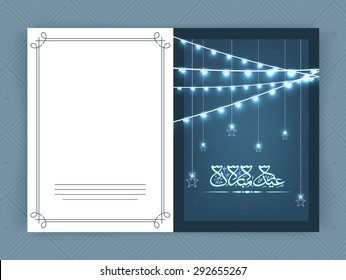 Beautiful greeting card design decorated with glowing lights, hanging stars and Arabic Islamic calligraphy of text Eid Mubarak on blue background for holy festival of Muslim community celebration.